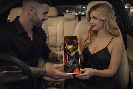 Елегантна подаръчна кутия със златна роза, маска, камшик и камбанка