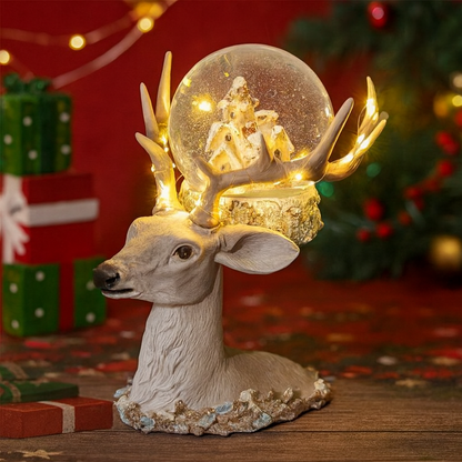 Декоративна коледна фигура елен със снежна топка и LED осветление – 17x21x22 см