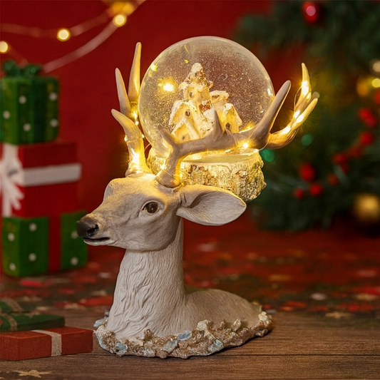 Декоративна коледна фигура елен със снежна топка и LED осветление – 17x21x22 см