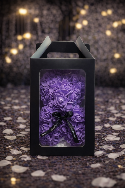 Луксозно лилаво мече от вечни рози + Премиум Кутия (23 см)