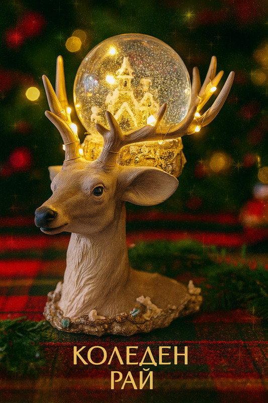 Декоративна коледна фигура елен със снежна топка и LED осветление – 17x21x22 см