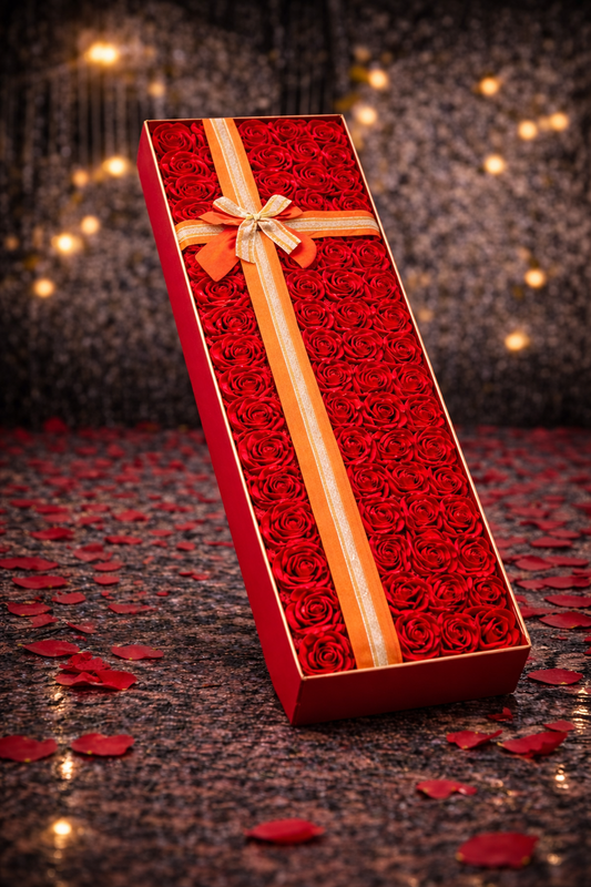Луксозна правоъгълна кутия със 75 вечни рози