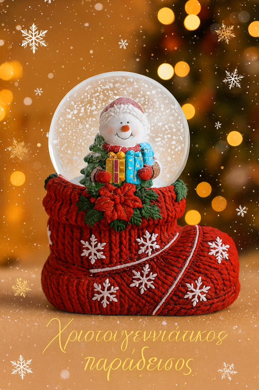 Коледна снежна топка „Снежен човек с подаръци“