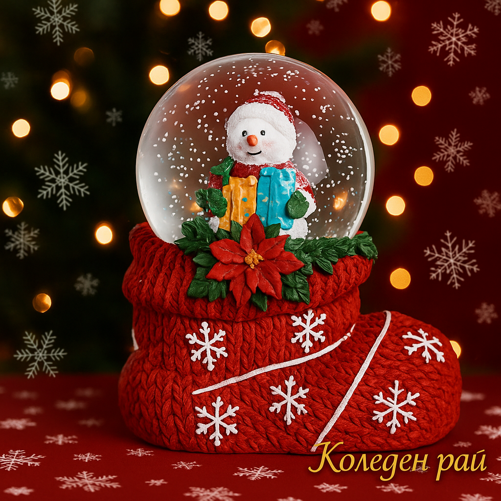 Коледна снежна топка „Снежен човек с подаръци“