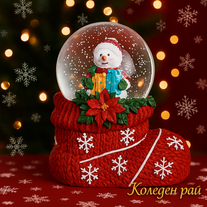 Коледна снежна топка „Снежен човек с подаръци“
