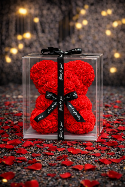 Луксозно червено мече от вечни рози + Премиум Кутия (23 см)